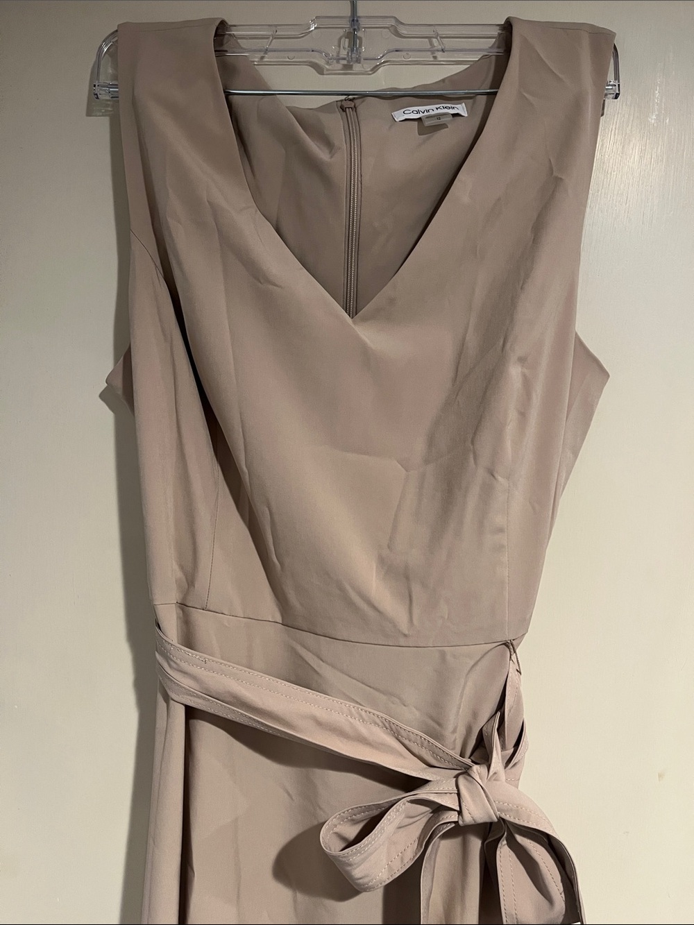 Calvin Klein Sleeveless V-Neck Belted Midi Dress in Beige